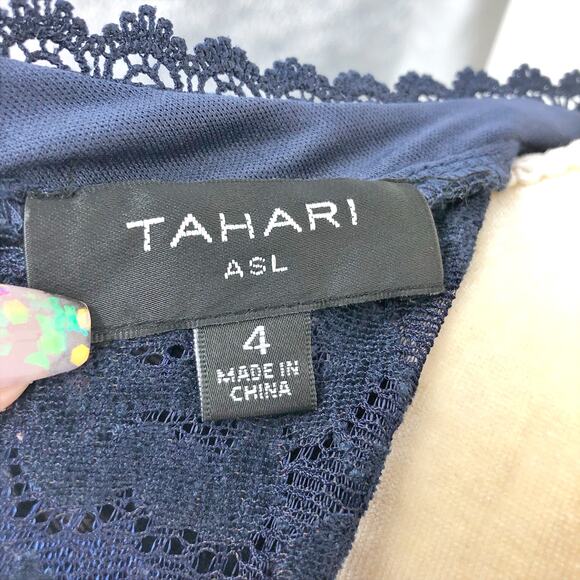 Tahari ASL Womens Lace Mini Dress 4 Blue Long Sleeve Mock Neck Babydoll NWT - Picture 9 of 13